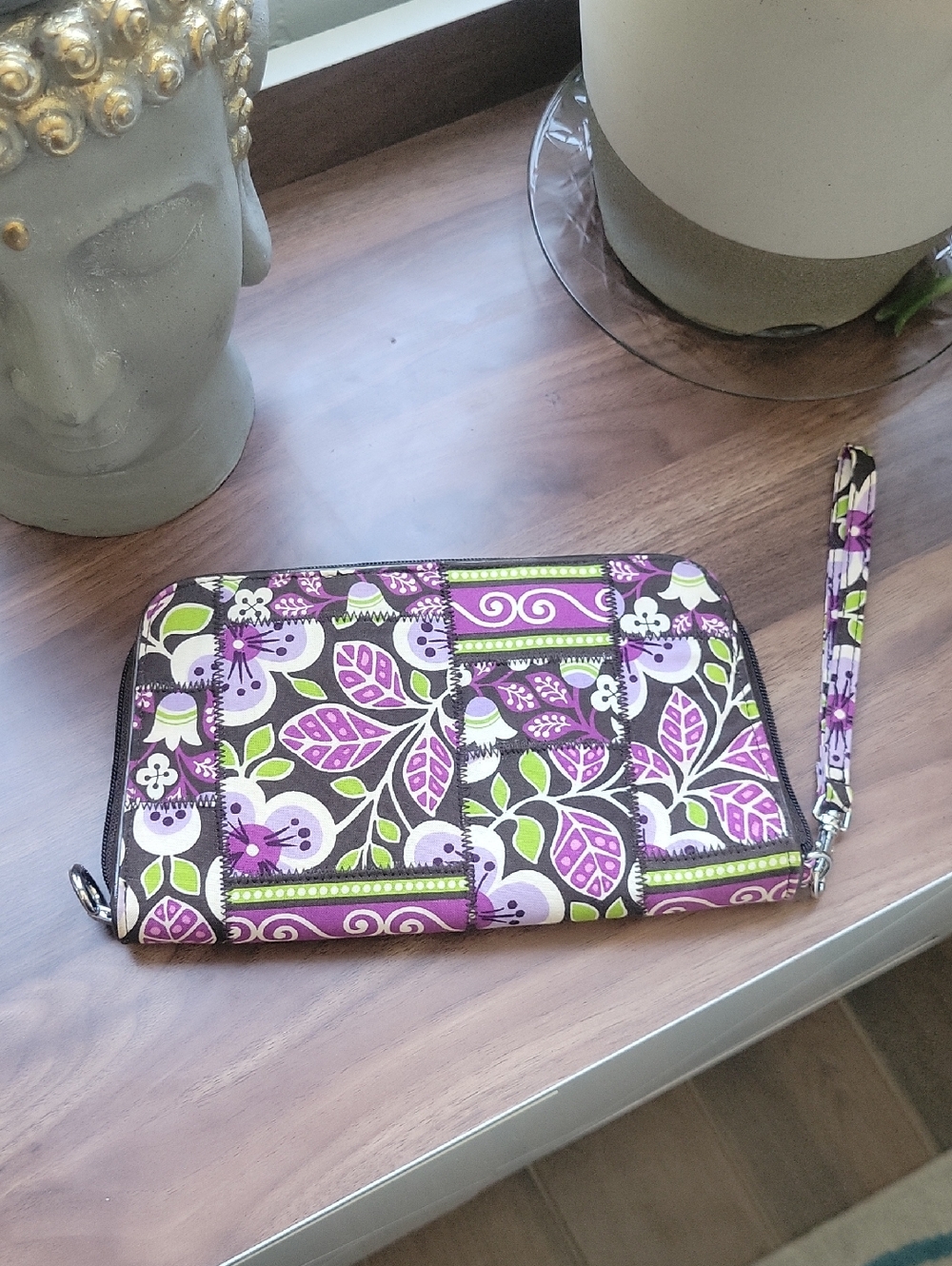 Vera Bradley Purple & Green Plum Petals Quilted Floral Wristlet